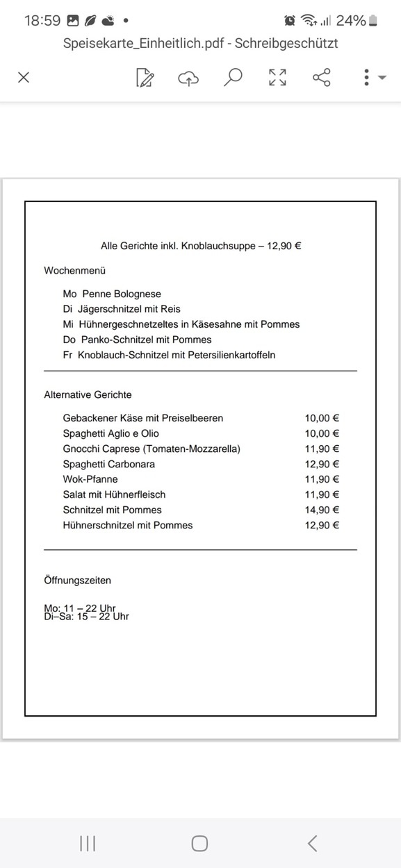 Öffnungszeiten und Wochenmenü Kantine